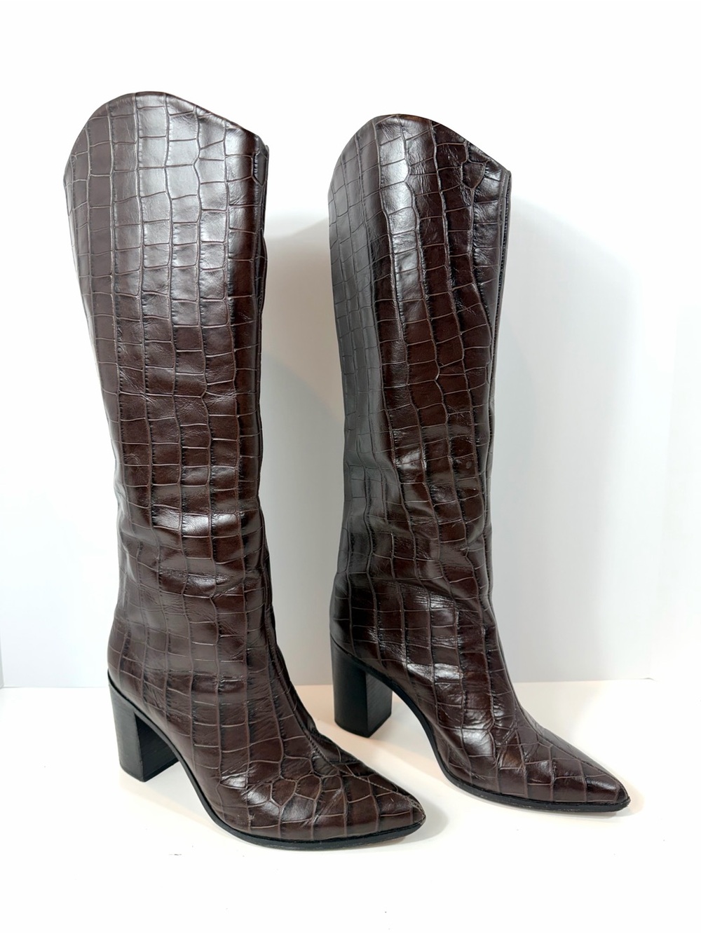 Schutz Brown Croc Embossed Leather Knee High Western Boots Size 7 Brazil
